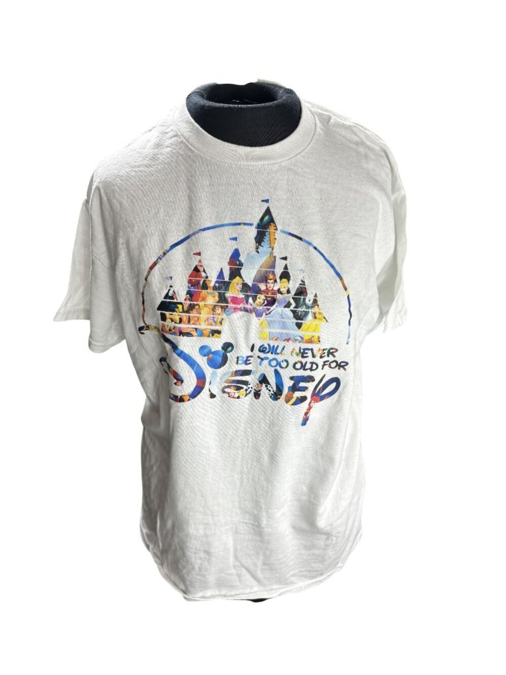 Disney Graphic White Tee "I Will Never Be Too Old For Disney" Size M